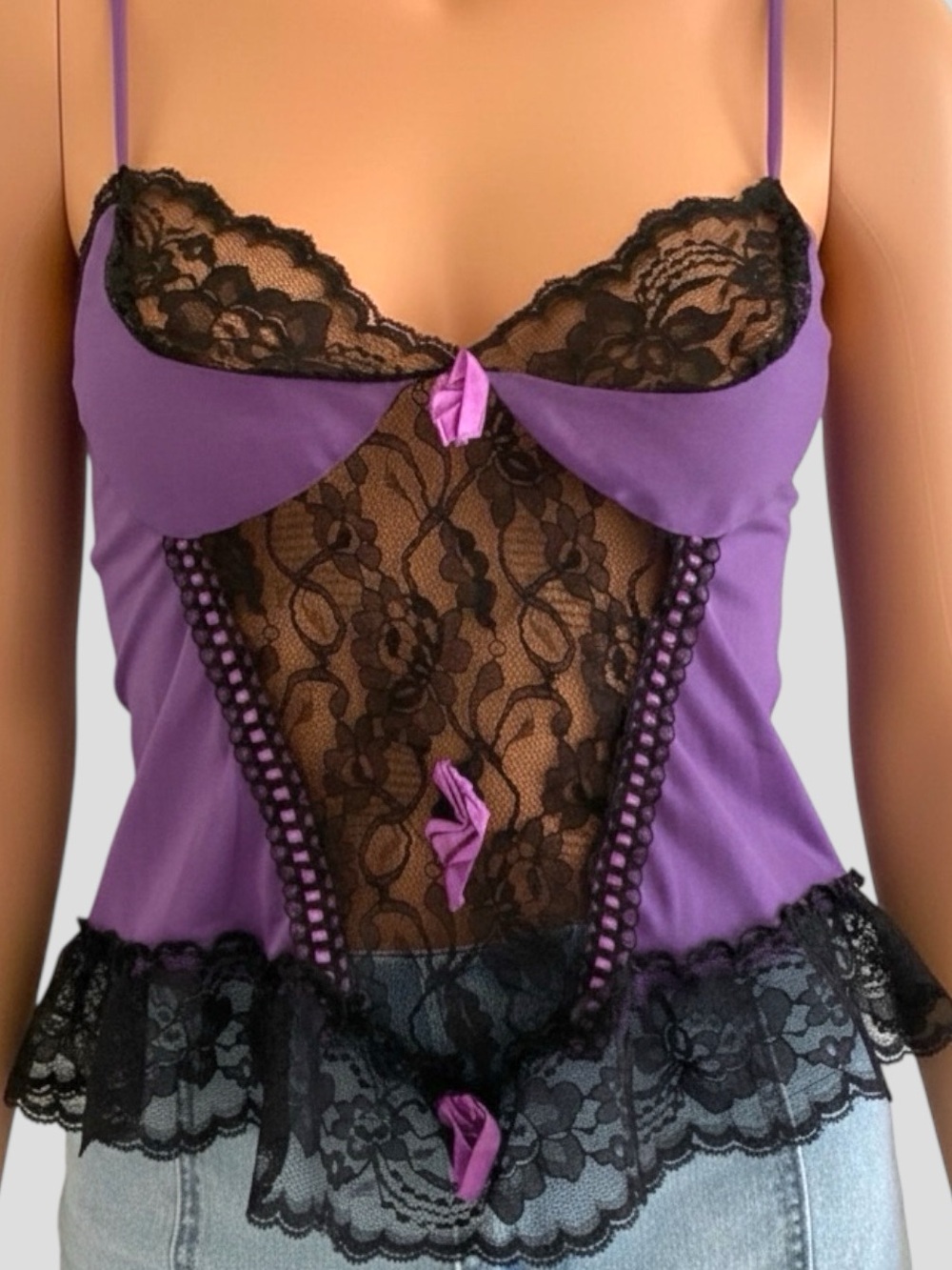 90s Bernette Purple Black Lace Cami Dark Fairy Goth Whimsigoth Slip - Picture 8 of 10